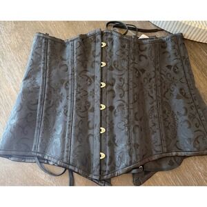 Charmian Black Jacquard Floral Corset Cincher Busk Front Lace Up Back 2XL Womens